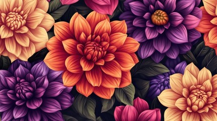 Seamless pattern featuring hand-drawn dahlia flowers in vibrant colors, showcasing intricate details and floral beauty, perfect for textiles, wallpapers, and stationery designs.