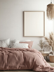 Serene Sanctuary A minimalist boho bedroom adorned with soft pink hues, natural textures, and warm lighting invites restful tranquility and stylish simplicity.
