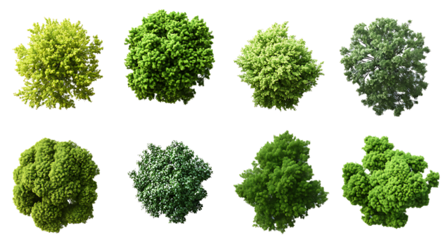 Cutout top view tree set landscaping on transparent background, high resolution PNG file