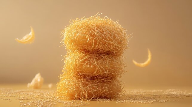 golden brown kadayif pastry with shredded wheat strands and sugar sprinkles, pastry, treats, golden