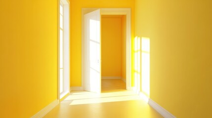 Sunlit Yellow Corridor: Bright sunlight streams through an open doorway onto a yellow hallway.