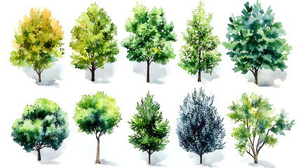 Various green trees, shrubs and bushes, landscape design watercolor illustration. Top view. Isolated on transparent background. high resolution PNG file