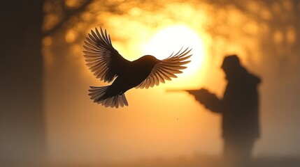 Fototapeta premium A hunter stands poised with a shotgun, silhouetted against the glowing sunrise, as a bird takes flight through the fog
