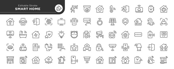 Smart home line icon set. Smart system, house, home automation, climate control, smart light, smart hub and more. Outline vector icon in linear style. Pictogram collection	