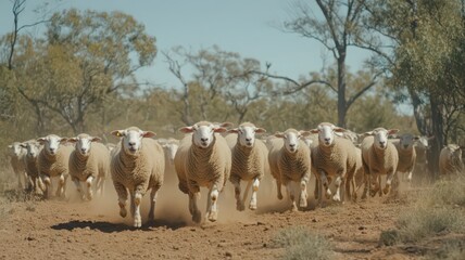 Flock of Sheep Running Across a Dusty Path Under Bright Sunlight