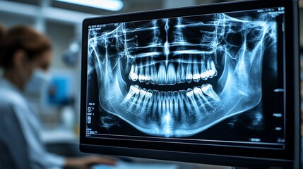 Dentist analyzes x-ray on monitor, focusing on patient's dental condition