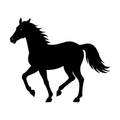 Black silhouette of a running horse with a flowing mane and tail in a vector illustration style