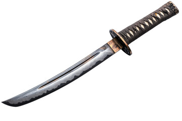 Ornate japanese tanto knife with wavy pattern on blade, cut out transparent