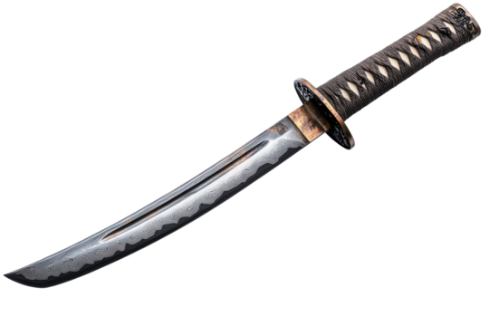 Ornate japanese tanto knife with wavy pattern on blade, cut out transparent