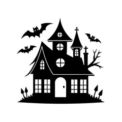 Spooky haunted house with bats on a moonlit night