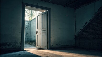 Obraz premium Mysterious open door leading to unexplored shadows abandoned building photography dimly lit environment ground level viewpoint concept of a door that leads to nowhere suspended in mid-space