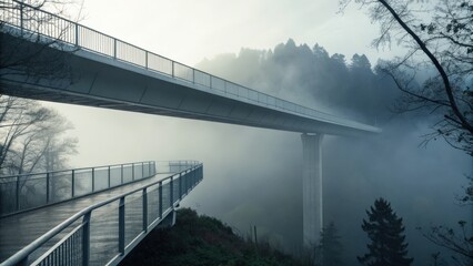 Obraz premium Misty modern minimalist bridge disappearing into fog scenic landscape architectural photography serene environment wide angle view conceptual aesthetic