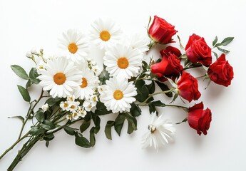 Obraz premium Bright Arrangement of Red Roses and White Daisies on a Clean White Background for Elegant Decorative Purposes and Floral Design Concepts