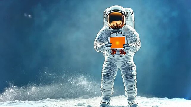 Astronaut stands on lunar surface holding bright orange square in 4k AI-generated footage