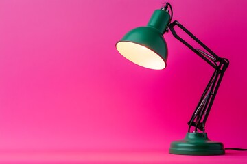 Retro green desk lamp turned on and bent over