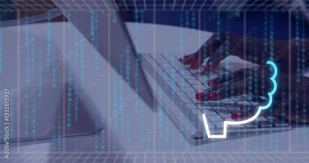 Poster typing on keyboard, digital brain animation and binary code overlay visible
