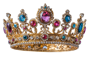 Golden crown with gems, jewelry, royal headdress, cut out transparent