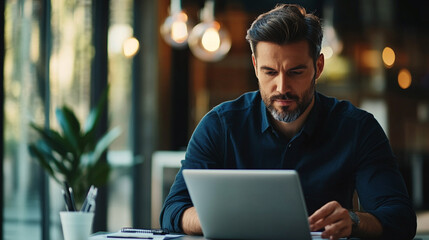 Business man, portrait and laptop in meeting with website research, proposal and planning at finance job. Office, accountant or online bookkeeper with computer for company revenue, growth and news