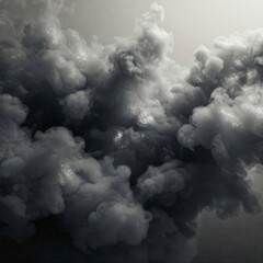 An abstract close-up of a dense, layered formation of dark gray and white clouds against a lighter gray background, creating a moody, dramatic effect