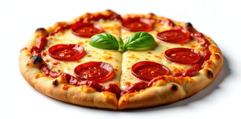 Savory pepperoni pizza, cheese, white background, crust, party