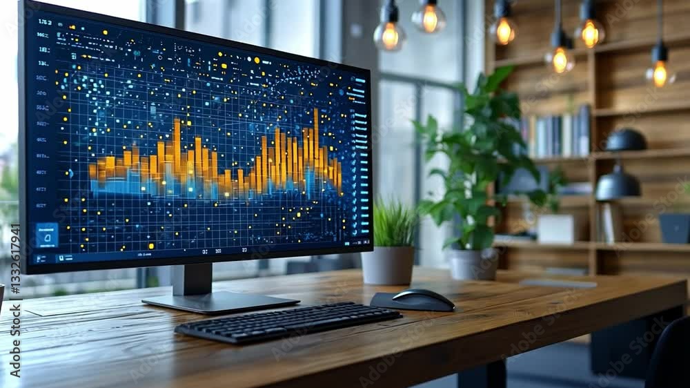Poster modern workspace with data analysis on computer screen in bright office setting
