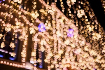 Bokeh of light bulbs outside at night