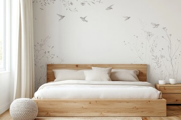 Minimalist bedroom features wooden furniture, soft textures, and