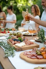 Gathered friends enjoy vibrant outdoor feast featuring charcuter