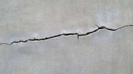 A long, horizontal crack stretches across a gray concrete wall, indicating structural damage or weathering.