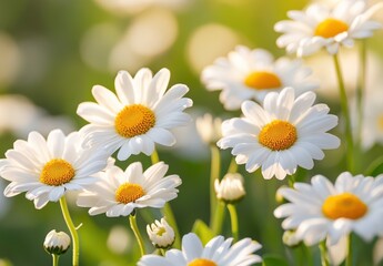 Fototapeta premium Bright White Daisies with Yellow Centers in a Sunlit Field Capturing the Essence of Spring and Nature’s Beauty