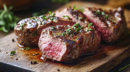 Juicy lamb loin steak with fresh herbs on cutting boardaimassage
