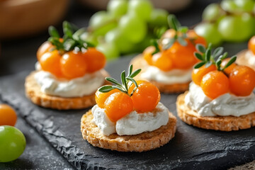 Crostini appetizers with cream cheese golden berries and rosemary sprigs on a dark slate platter with grapes in the background.