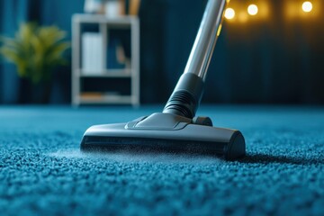 Vacuum cleaner on blue carpet, cleaning dust and dirt.