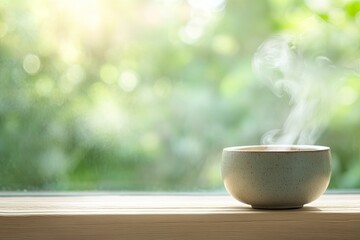 Steam rises from cozy bowl on sunlit windowsill, surrounded by g
