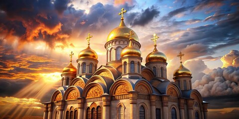Obraz premium Byzantine Church Macro Photography: Golden Domes, Cloudy Sky, Medieval Architecture