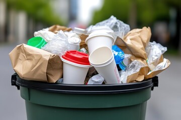Overflowing trash can filled with disposable cups, paper bags, and plastic waste, indicating irresponsible disposal habits.