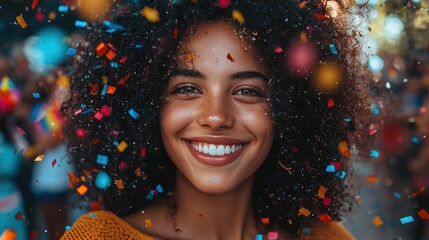 Joyful woman amidst confetti shower at outdoor festival