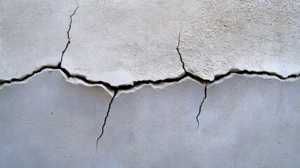Obraz premium A large, jagged crack runs horizontally across a gray concrete wall, indicating structural damage or stress, suggesting disrepair and aging.