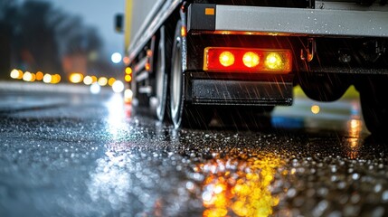 Truck's tail lights reflecting on wet asphalt at night, driving in heavy rain on a dark road.