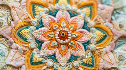 Intricate Embroidered Mandala with Vibrant Colors and Detailed Patterns Showcasing Artistic Craftsmanship and Textile Art