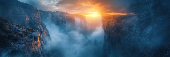 Obraz premium Hyper-realistic Breathtaking spectacle of sunrise, ethereal glow upon a majestic gorge, Epic mountain landscape, unveiling hidden depths of profound chasm, heralding advent, Wide Background
