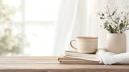 Warm, inviting scene featuring cozy cup, books, and delicate flo