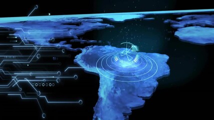 Satellite orbiting Earth with animation of digital data and radar interface - Powered by Adobe