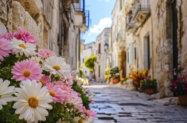 Fototapeta premium Charming cobblestone street with colorful flower blooms in an idyllic town setting, captured on a sunny day in spring season full of vibrant details