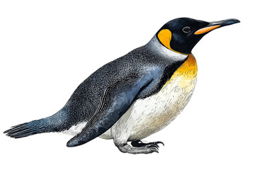 Striking King penguin standing, ornithological illustration, cut out transparent