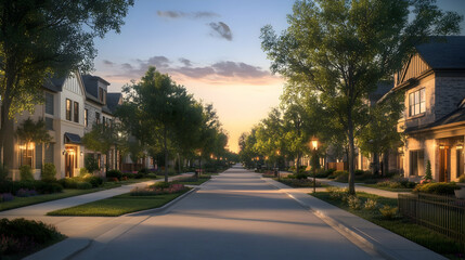 Fototapeta premium Quiet Suburban Street with Tree-Lined Sidewalks at Sunset
