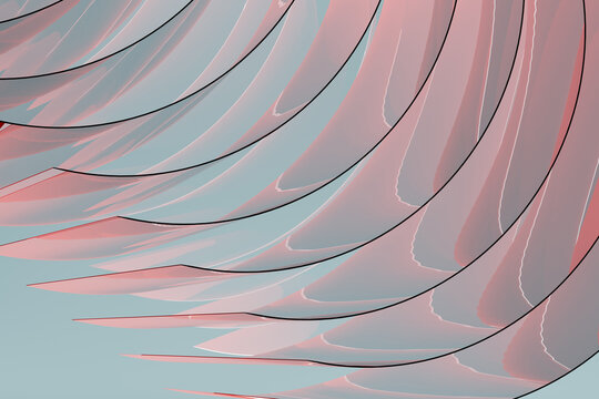 Abstract background, pattern - soft light thin curved glass stripes, layered, reflection on pastel pink blue gradient color. 3D rendering. Geometric minimalist design with gentle, calm, sweet vibe.