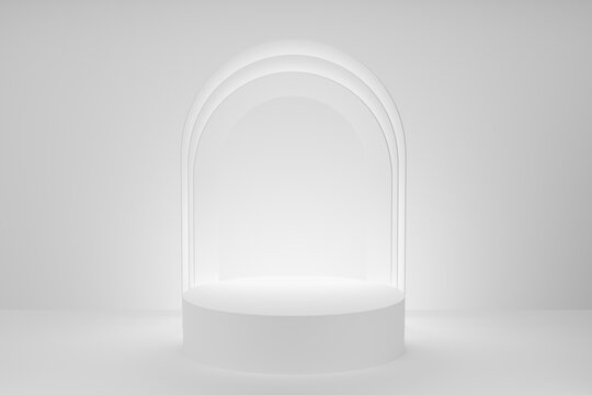 3D realistic podium background - one white cylindrical podium on light gradient white. Luminous shining arch decor, mockup, 3d rendering. Minimalists stage for display product, scene showcase.