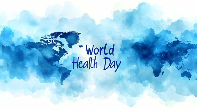 A light blue and white theme featuring a stylized world map, soft cloud-like textures, and a vibrant text "World Health Day" in bold, modern font