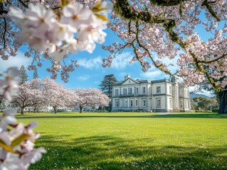 Obraz premium Charming historical estate surrounded by vibrant blooming cherry blossoms in a sunny landscape with clear blue sky and lush green lawn